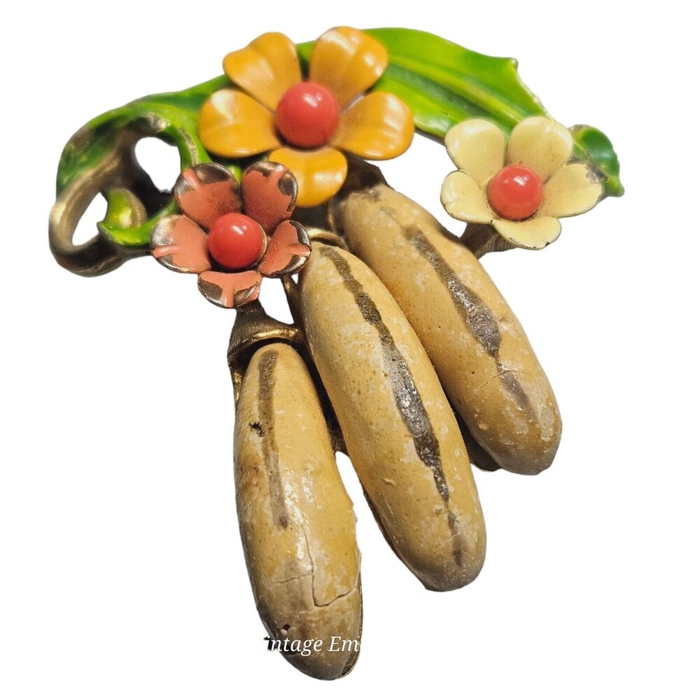 Selini Brooch 3d Banana Flower Tropical Fruit Selro Enamel Metal Pin Signed - Picture 3 of 10